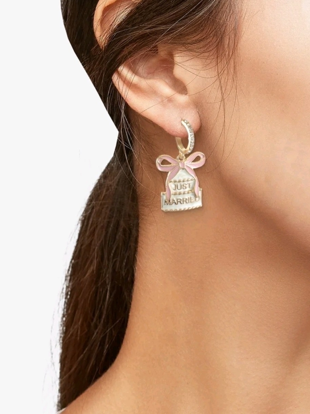 Packed Party Gold-Tone 'Just Married' Pink & White Bow Drop Earrings - Picture 2 of 3